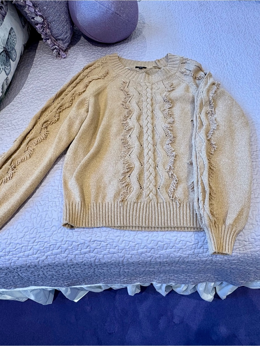 Rails Tan Cable-Knit Fringe Crewneck Sweater